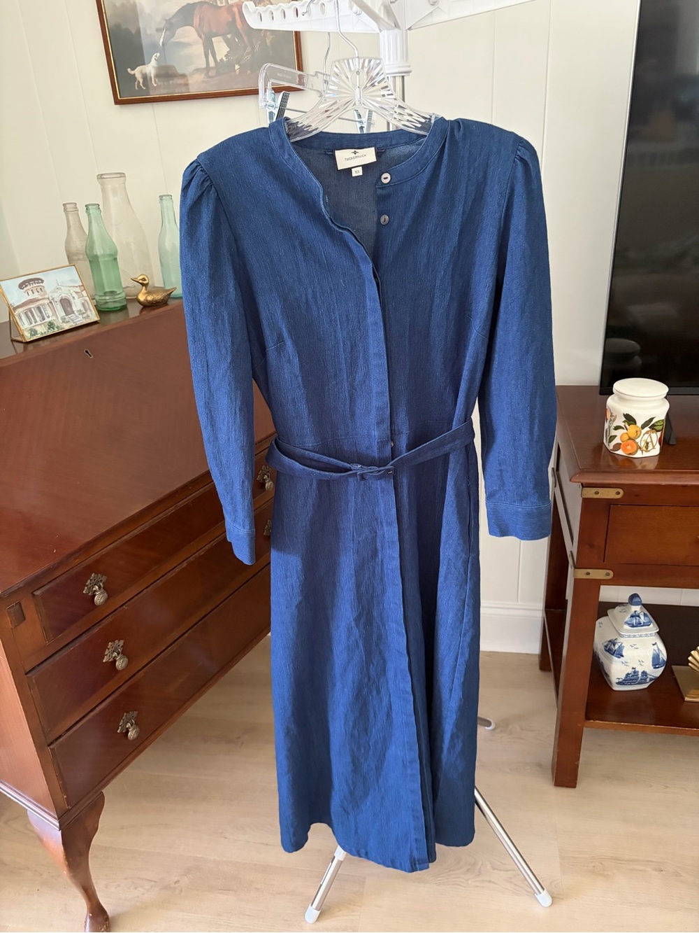 Tuckernuck Dark Chambray Blue Midi Button-Front Dress with Waist Belt